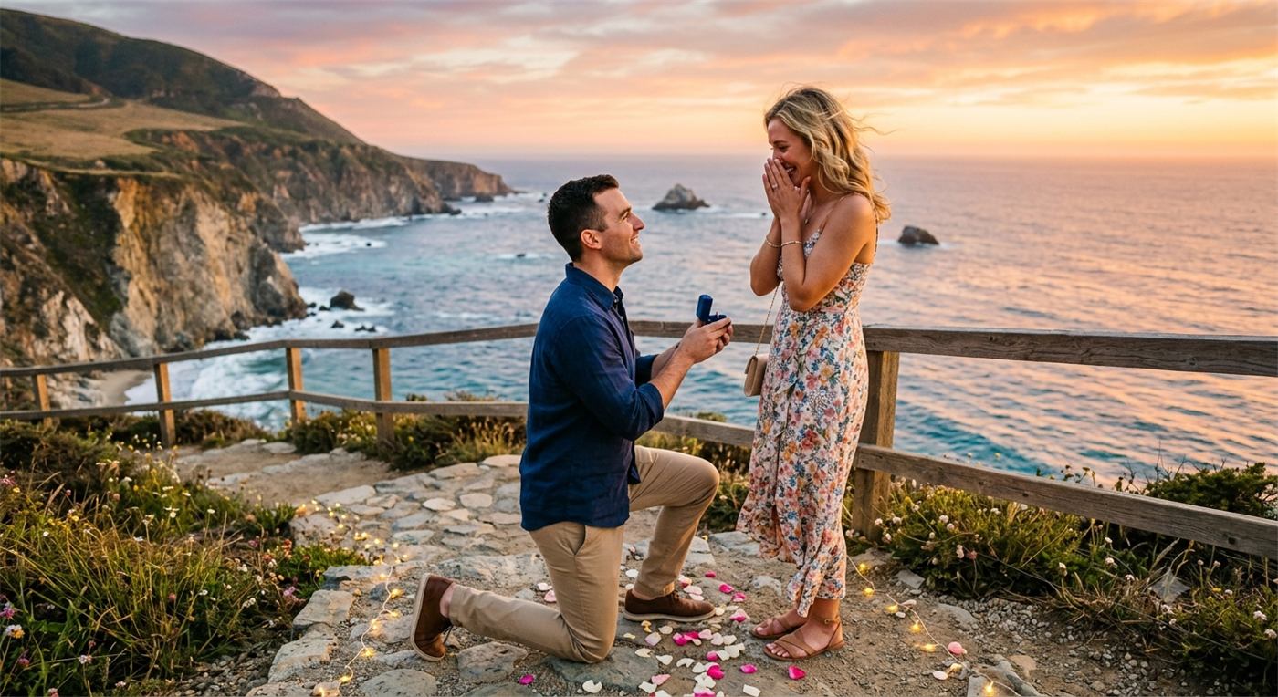 A sunset proposal at a clifftop railing above the sea, rose petals underfoot