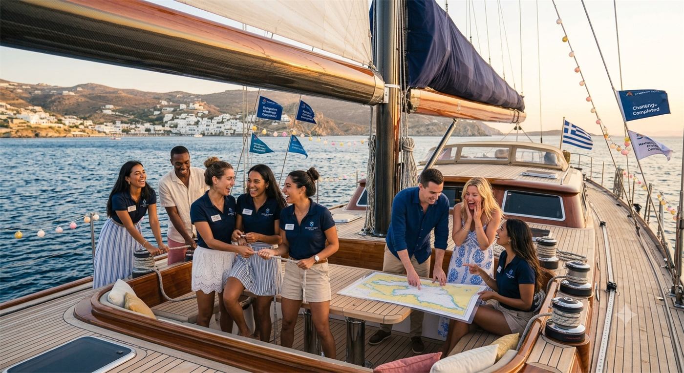 A team in matching crew shirts gathered around a chart on deck, laughing